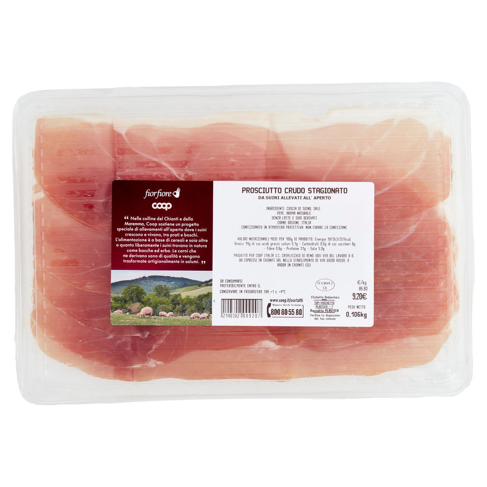 PROSCIUTTO CRUDO DA SUINO ALLEVATO ALL'APERTO FIOR FIORE COOP 90G CA - 10