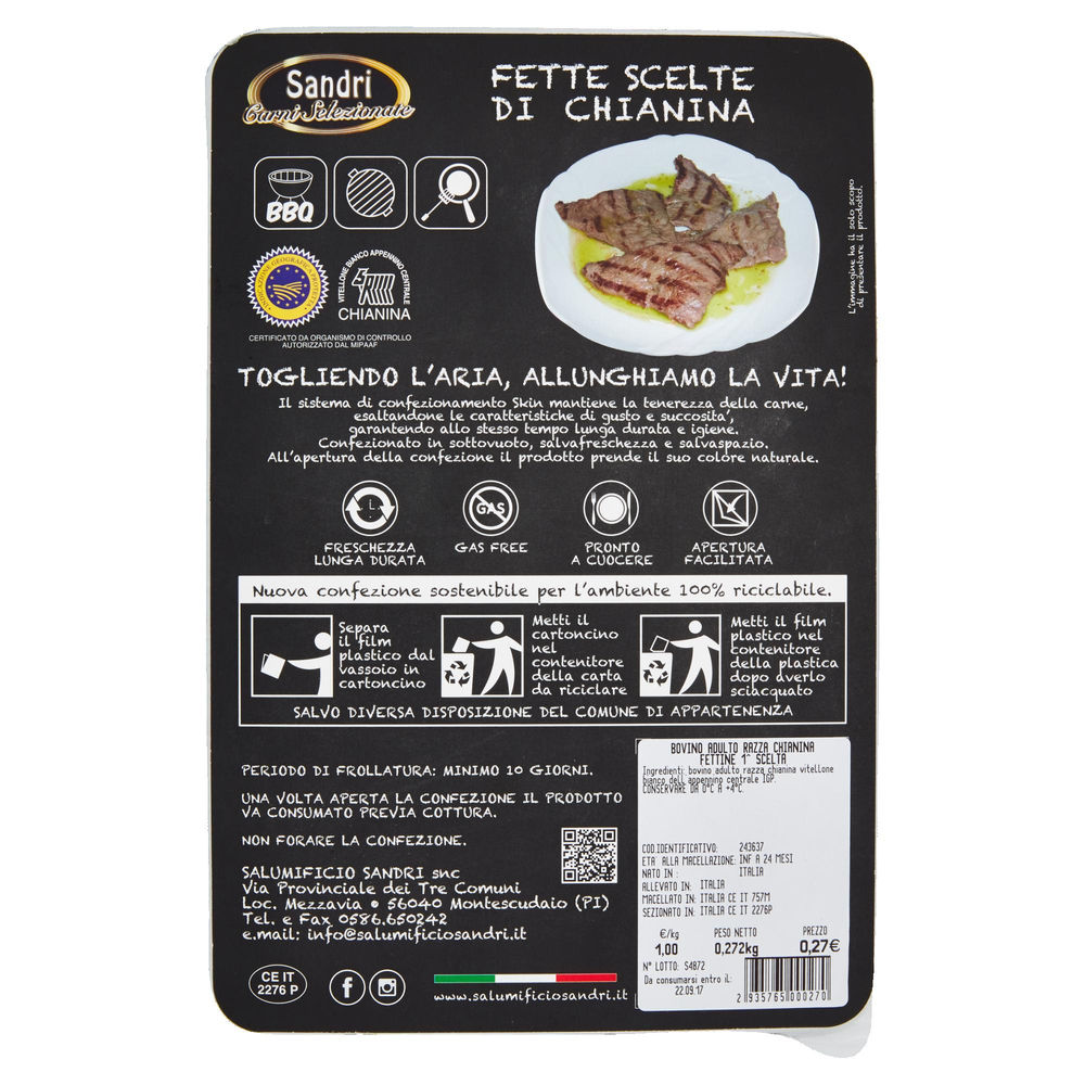 VITELLONE B. A. CHIANINA IGP FETTINE 1^ SCELTA SKIN 300 G CA SANDRI - 1