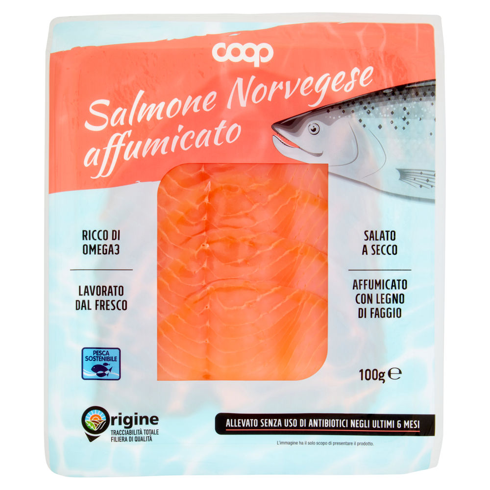 Salmone norvegese affumicato allevato s/antib origine. coop g 100