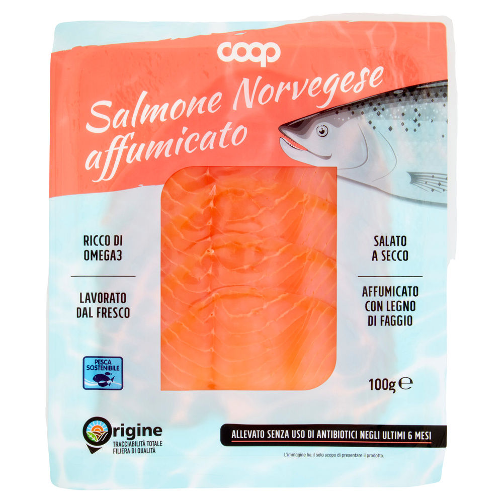 SALMONE NORVEGESE AFFUMICATO ALLEVATO S/ANTIB ORIGINE. COOP G 100 - 2