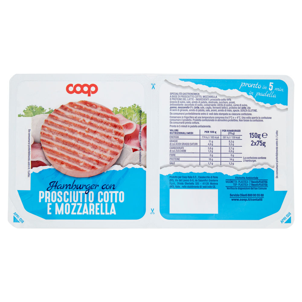 HAMBURGER CON PROSCIUTTO COTTO E MOZZARELLA VASCHETTA BIPORZIONE COOP G 150 - 0