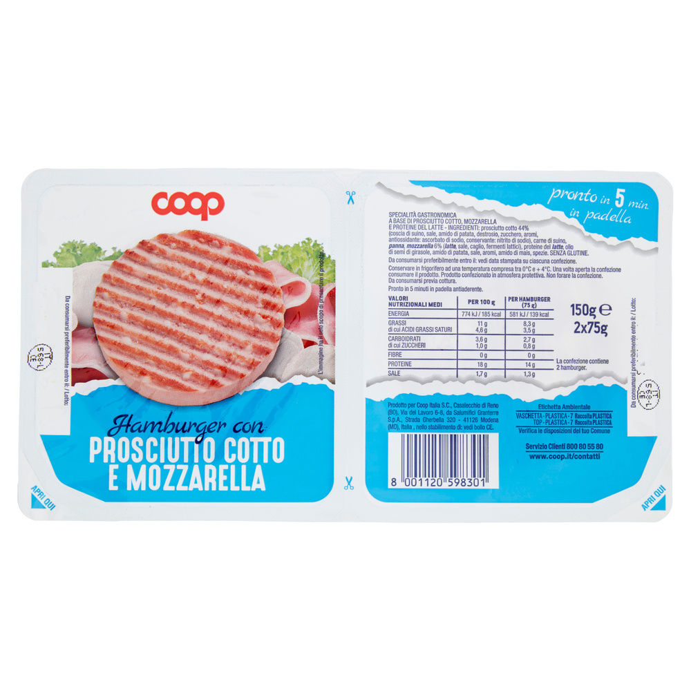 HAMBURGER CON PROSCIUTTO COTTO E MOZZARELLA VASCHETTA BIPORZIONE COOP G 150 - 2