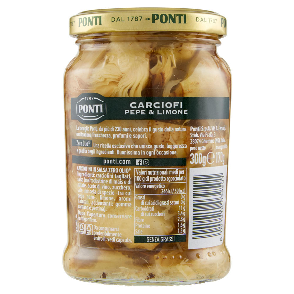CARCIOFI  A SPICCHI PEPE E LIMONE PONTI ZERO OLIO VASO VETRO G 300 SGOCC G 170 - 1