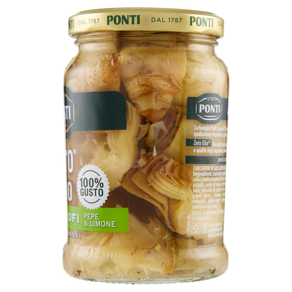 CARCIOFI  A SPICCHI PEPE E LIMONE PONTI ZERO OLIO VASO VETRO G 300 SGOCC G 170 - 3