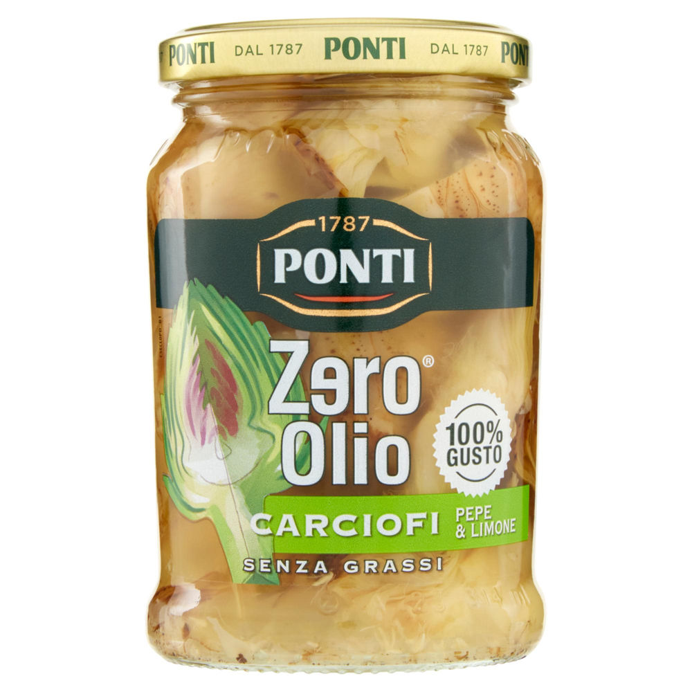 CARCIOFI  A SPICCHI PEPE E LIMONE PONTI ZERO OLIO VASO VETRO G 300 SGOCC G 170 - 0