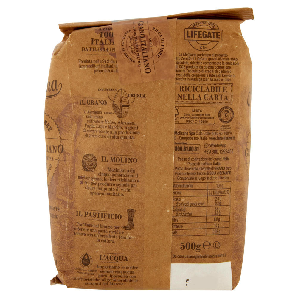 PASTA DI SEMOLA PENNE RIGATE INTEGRALI N.20 BRONZO LA MOLISANA G 500 - 1