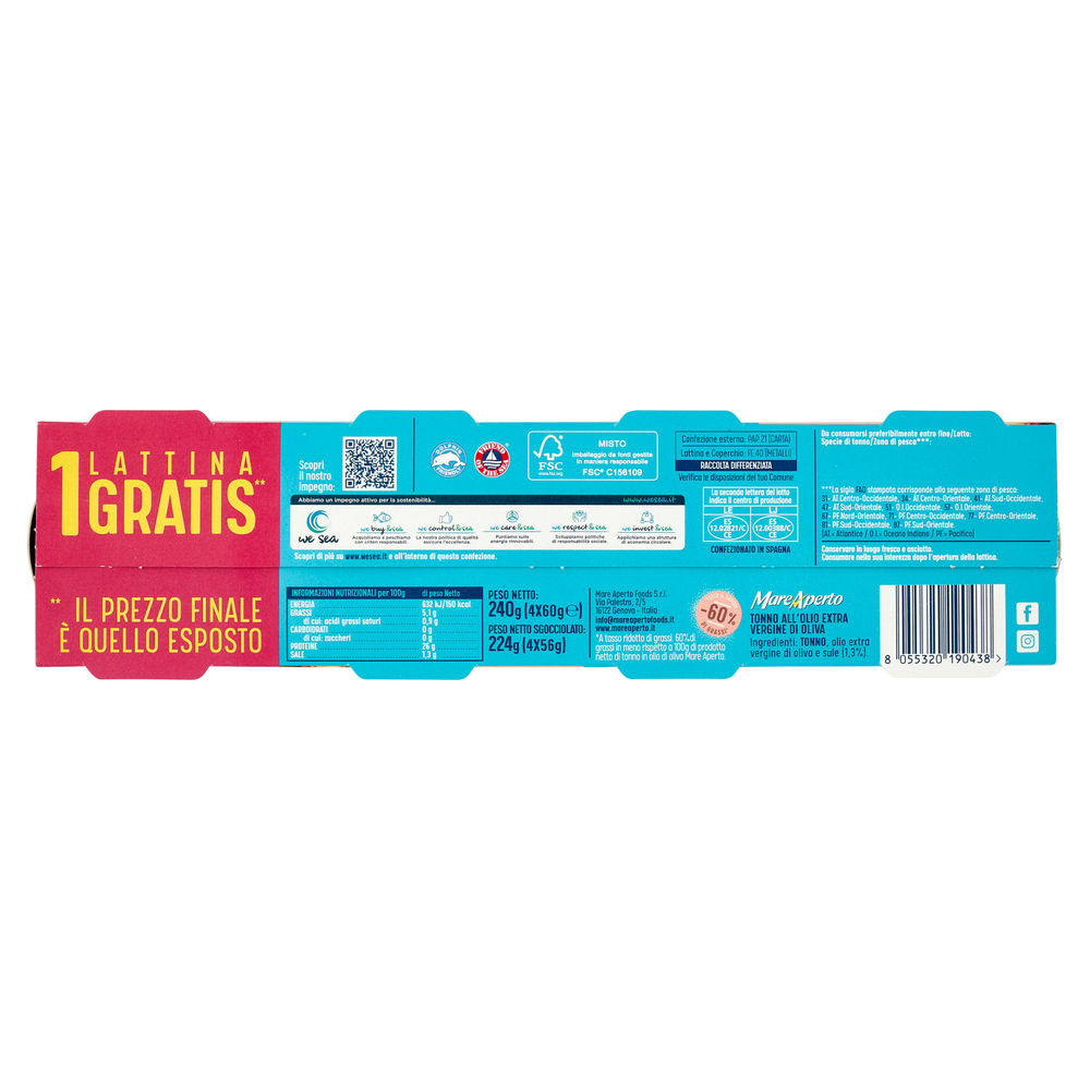 TONNO LEGGERO ALL'OLIO EXTRA VERGINE DI OLIVA MARE APERTO G 60X3+1 OMAGGIO - 1