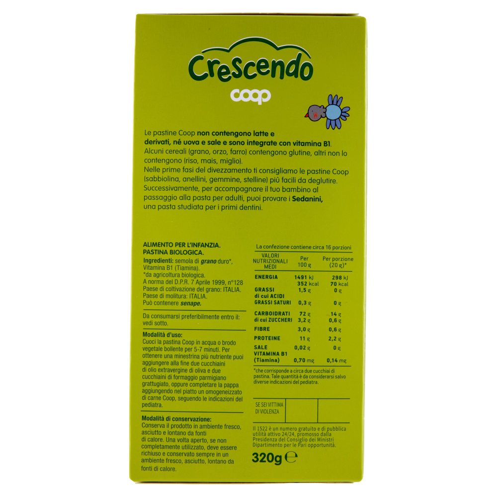 PASTINA DI SEMOLA DI GRANO DURO BIO SEDANINI COOP CRESCENDO G 320 - 1