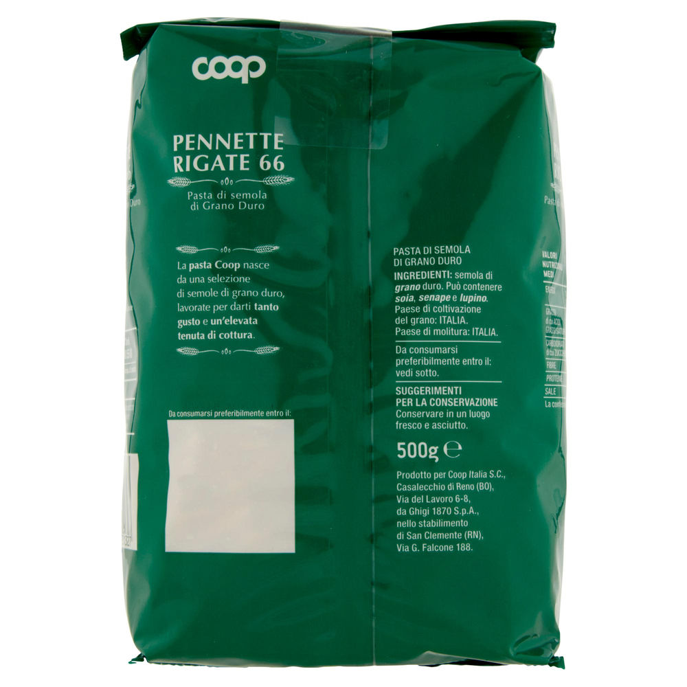 PASTA SEMOLA PENNETTE RIGATE COOP N.66 SACCHETTO G500 CON GRANO ITALIANO - 2