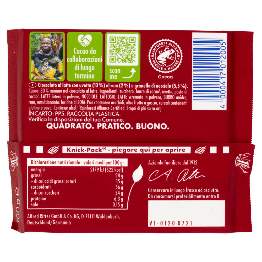 TAVOLETTA RUM/UVA/NOCCIOLA RITTER SPORT INCARTO G 100 - 1