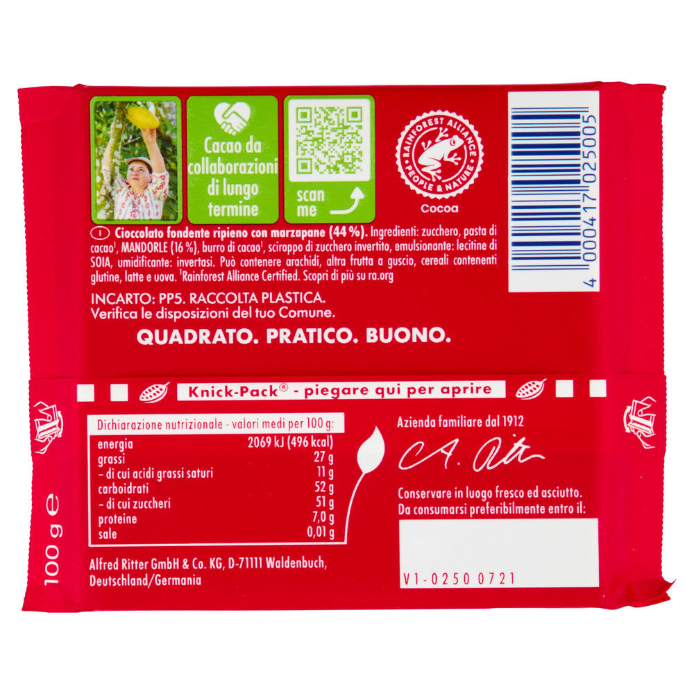 TAVOLETTA CIOCCOLATO RITTER MARZAPANE INCARTO G 100 - 1