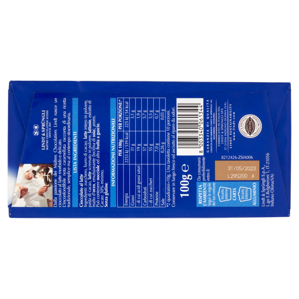TAVOLETTA CIOCCOLATO LINDT AL LATTE INCARTO GR.100 - 1
