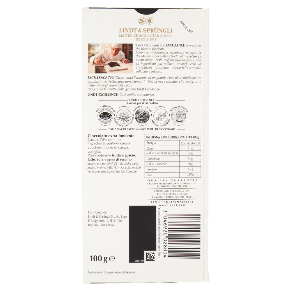 TAVOLETTA CIOCCOLATO LINDT EXCELLENCE 70% CACAO INCARTO G 100 - 1
