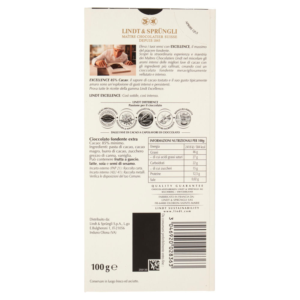 TAVOLETTA CIOCCOLATO LINDT EXCELLENCE 85% CACAO INCARTO GR.100 - 1