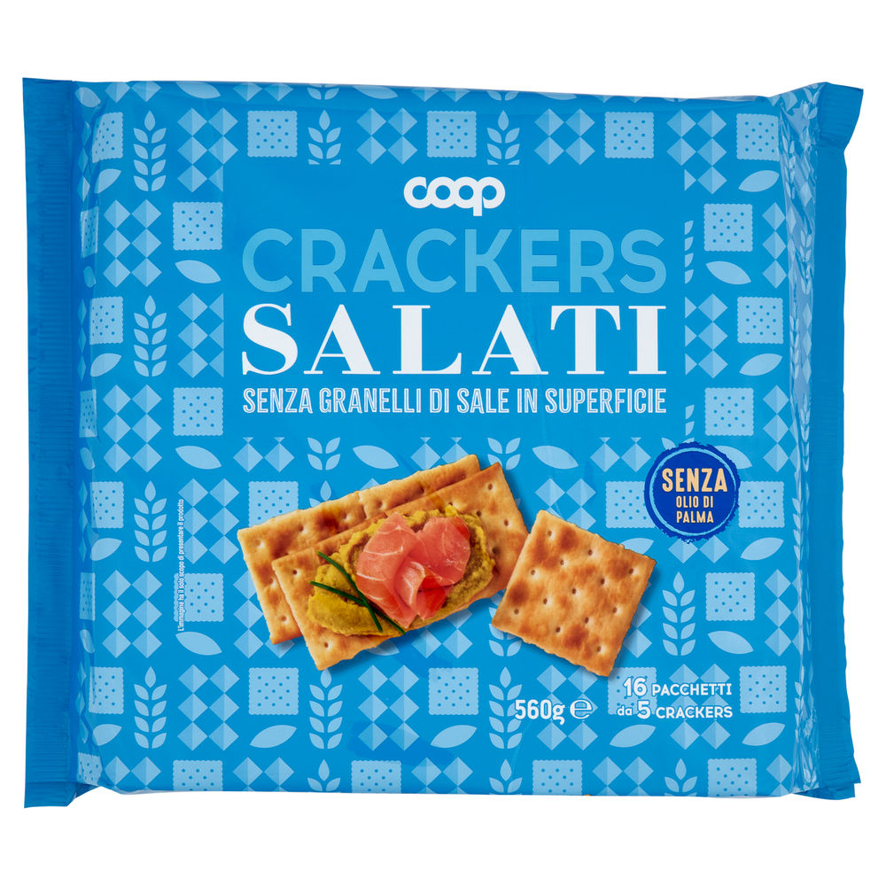 Crackers salati senz/granelli di sale in superficie coop incarto g 560 no palma