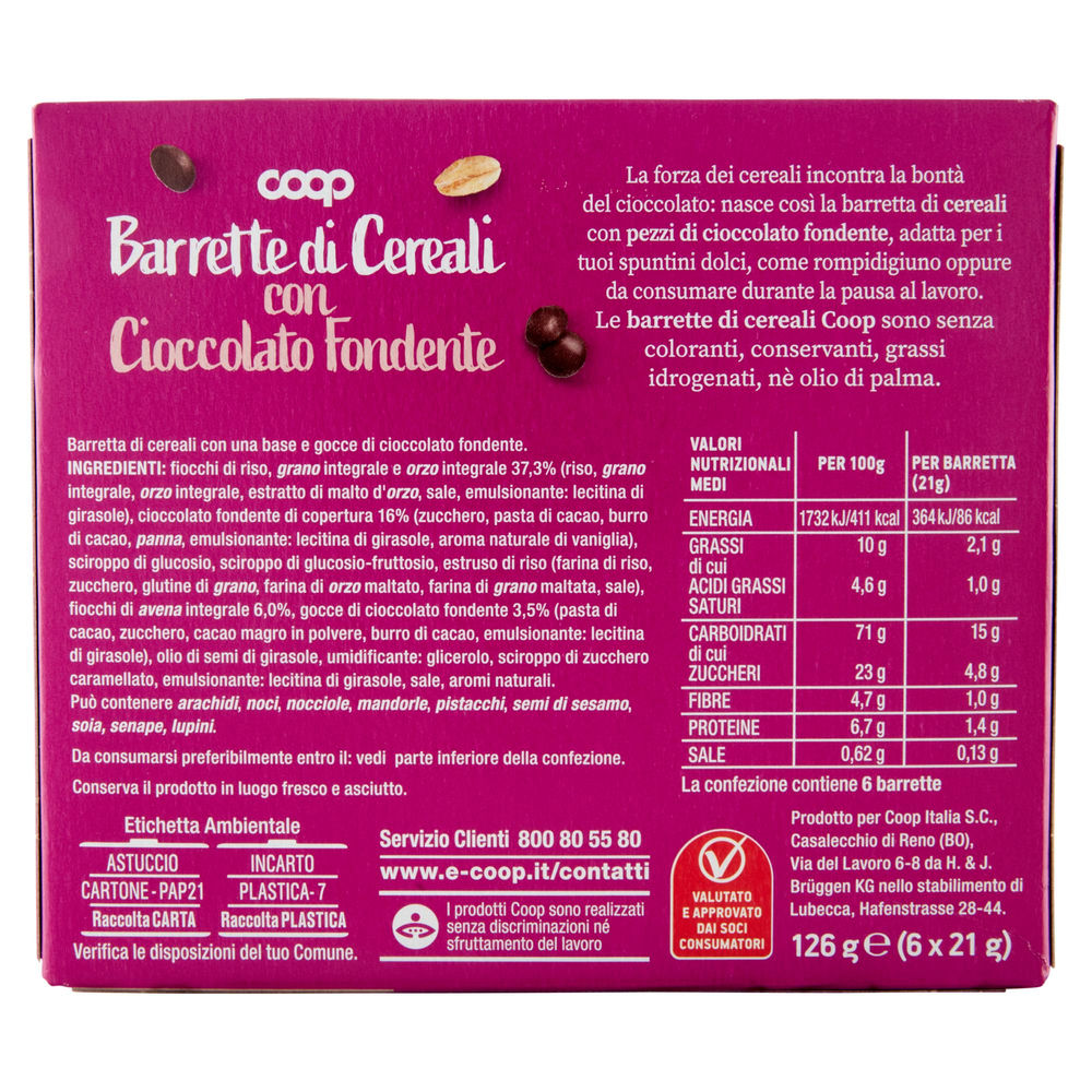 BARRETTE DI CEREALI CON CIOCCOLATO FONDENTE COOP NO PALMA SCATOLA PZ.6XG126 - 1