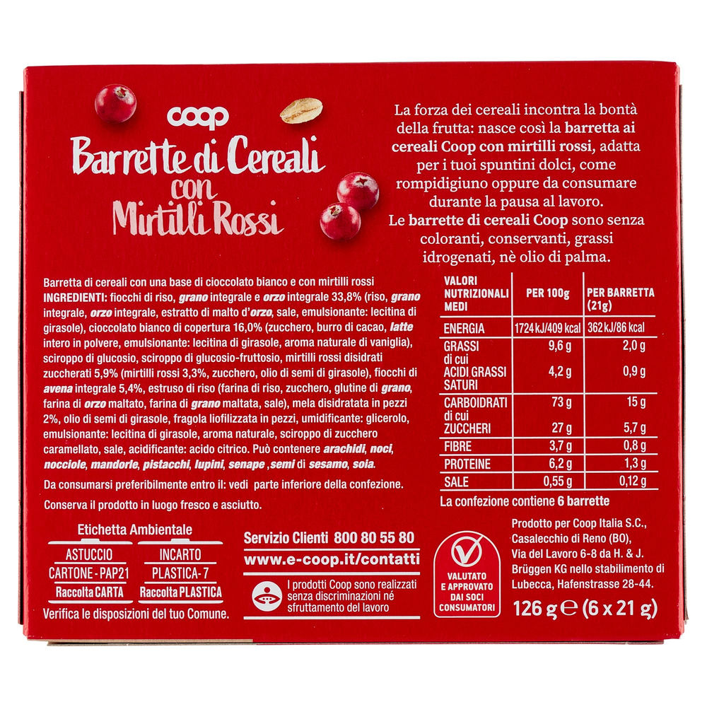 BARRETTE DI CEREALI CON MIRTILLI ROSSI COOP NO PALMA SCATOLA PZ.6XG126 - 1