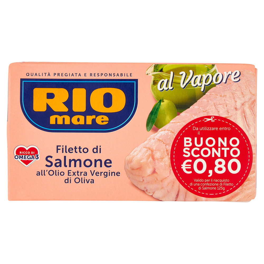 Filetti di salmone cotti al vapore olio extravergine rio mare scatola g 125