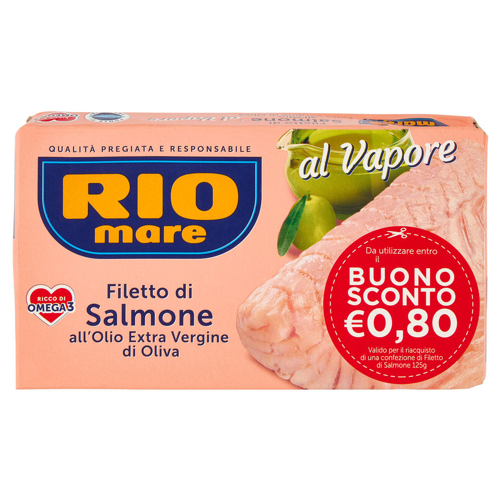 FILETTI DI SALMONE COTTI AL VAPORE OLIO EXTRAVERGINE RIO MARE SCATOLA G 125 - 2