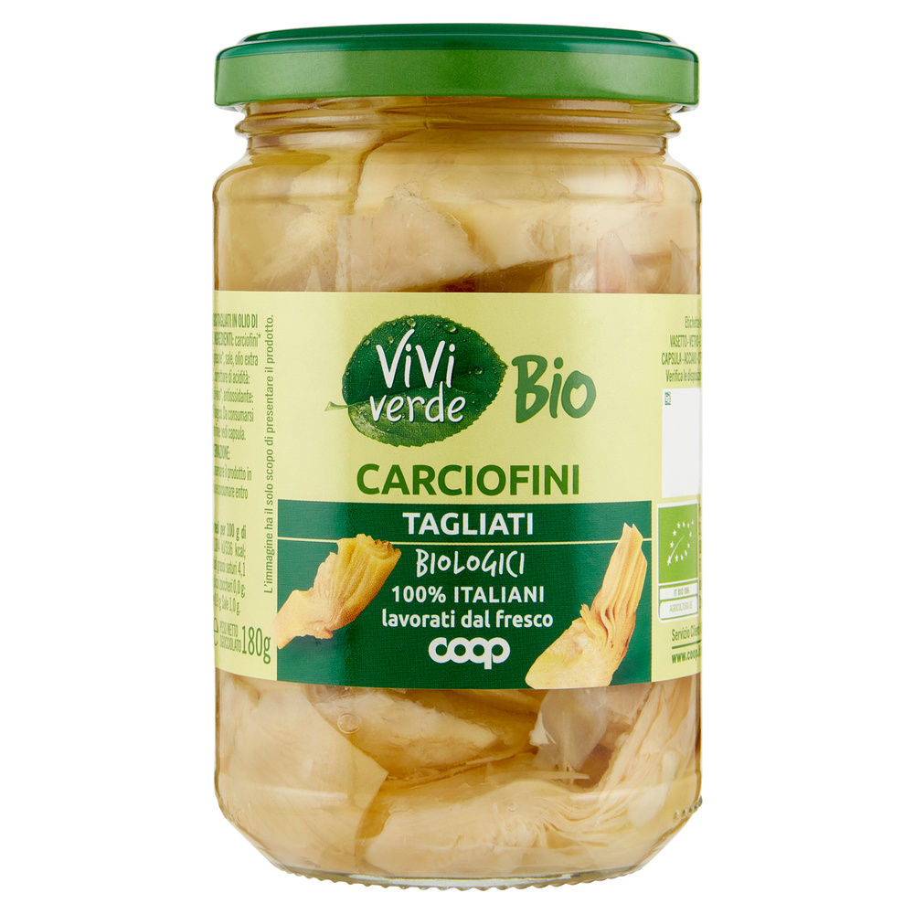 Carciofini tagliati bio in olio di girasole vivi verde coop vaso vetro g  280