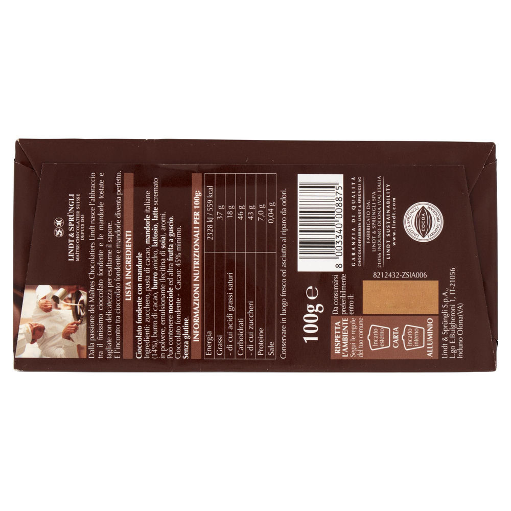 TAVOLETTA CIOCCOLATO FONDENTE MANDORLE LINDT SCATOLA G 100 - 1
