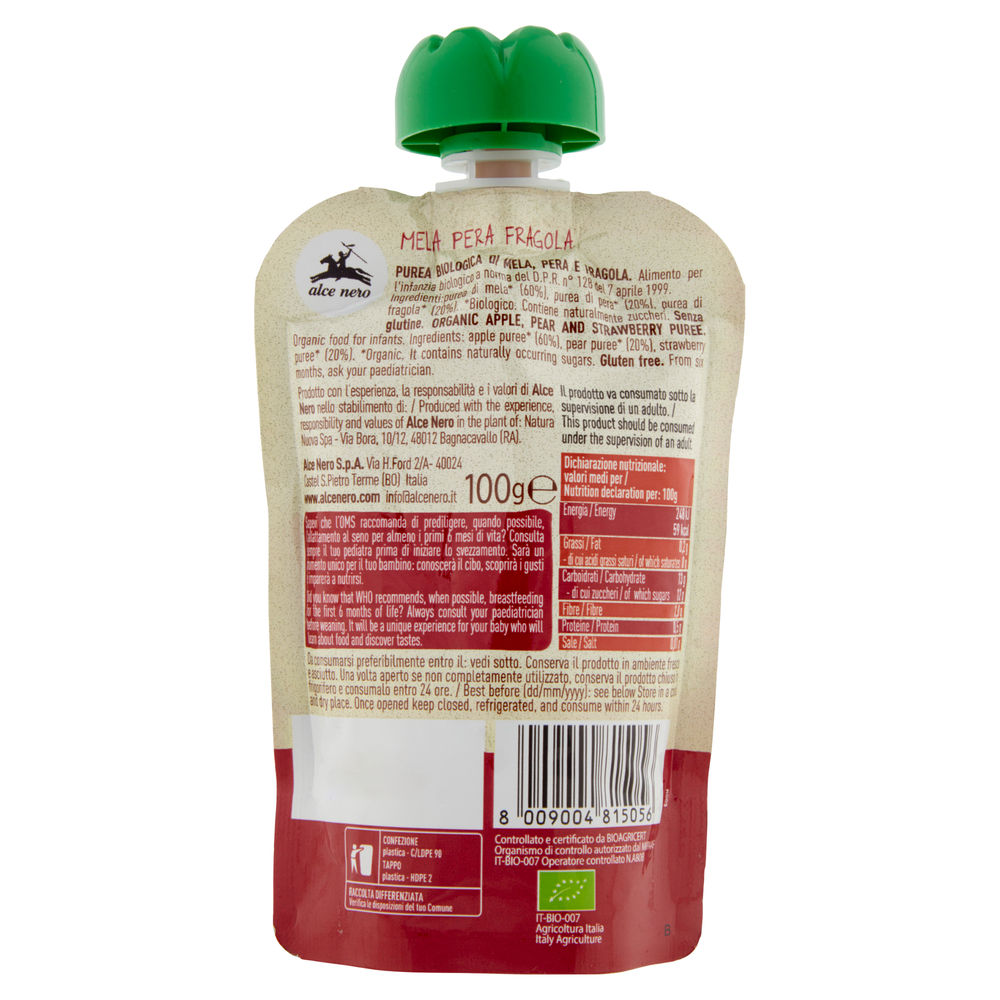 PUREA DI MELA, PERA E FRAGOLA IN DOYPACK BIO ALCE NERO BABY G 100 - 1