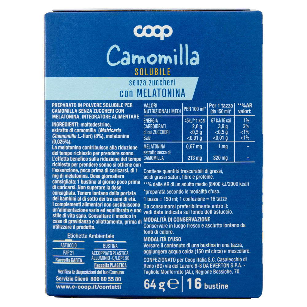 CAMOMILLA SOLUBILE CON MELATONINA COOP ASTUCCIO 16 BUSTINE G 64 - 1