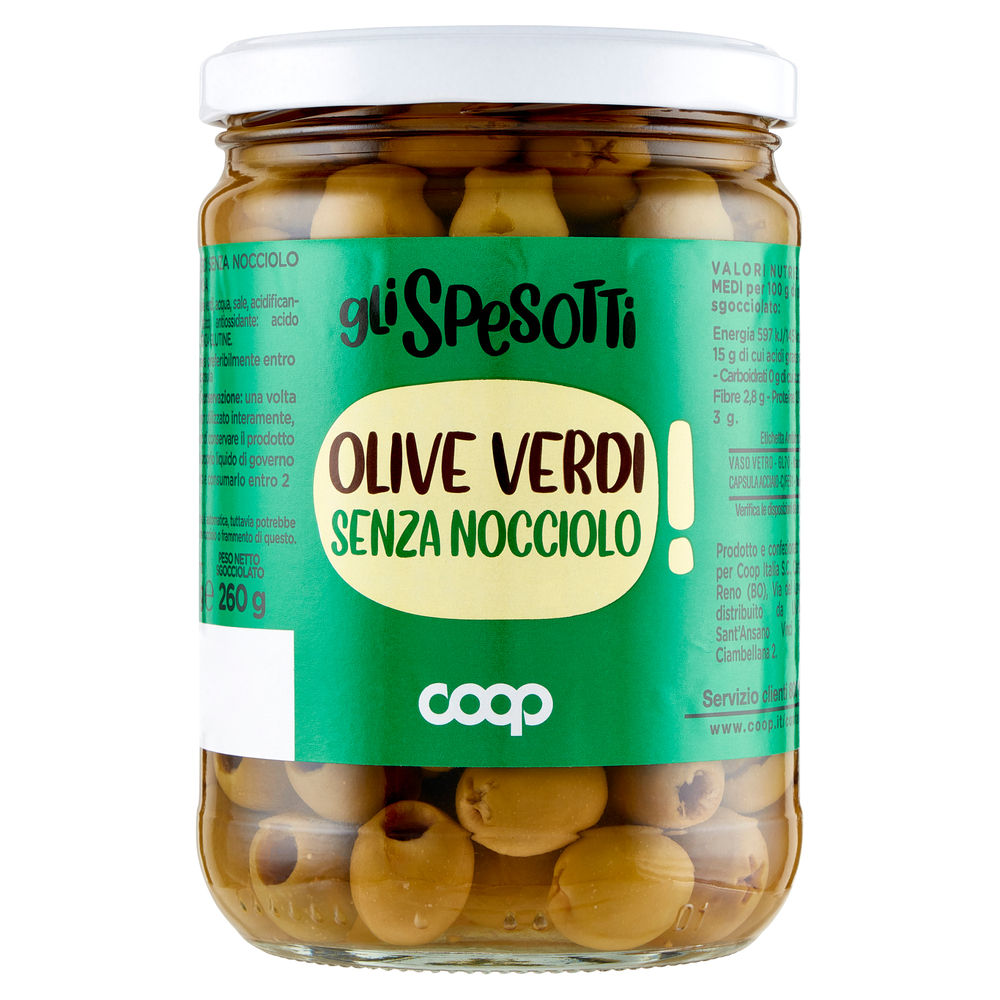 Olive verdi senza nocciolo in salamoia gli spesotti coop g520 sgocc.g260