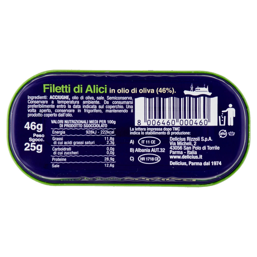 FILETTI ALICI IN OLIO D'OLIVA DELICIUS SCATOLA 46G - 1