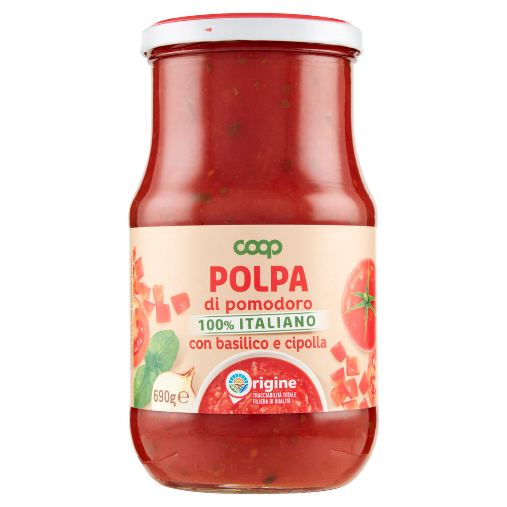 Polpa di pomodoro origine coop con basilico e cipolla bottiglia g 690