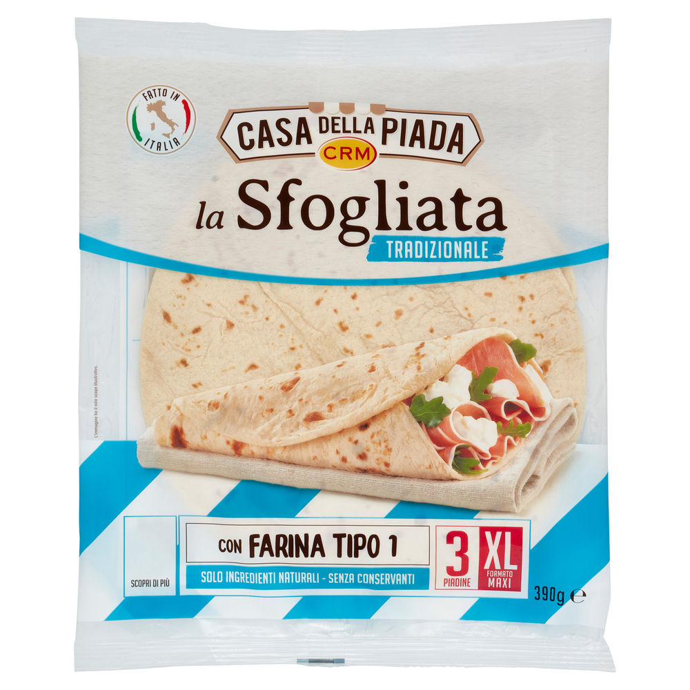 Piada sfogliata extrasottile casa della piada crm sacchetto  3 pz g 390