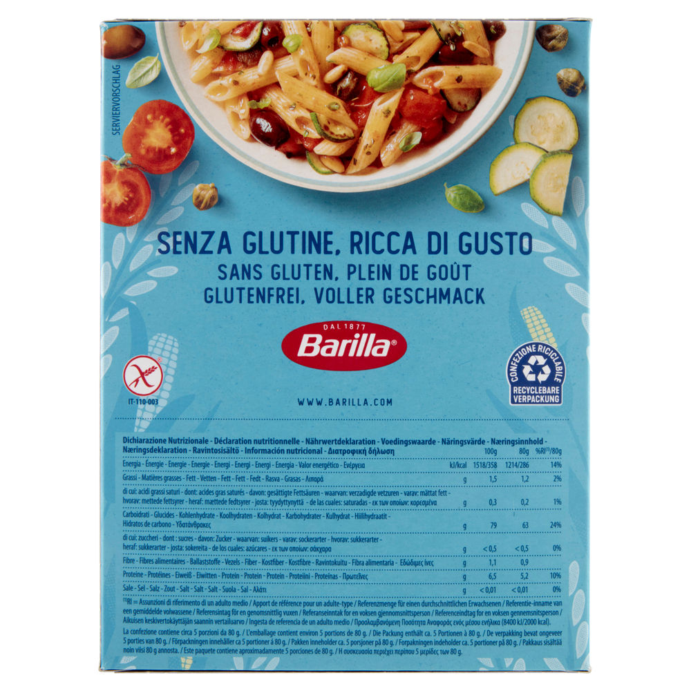 PASTA SENZA GLUTINE PENNE RIGATE BARILLA CARTONE G 400 - 1