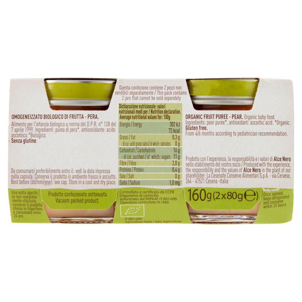 OMOGENEIZZATO DI PERA BABY FOOD BIO ALCE NERO VASO VETRO G 80X2 - 1