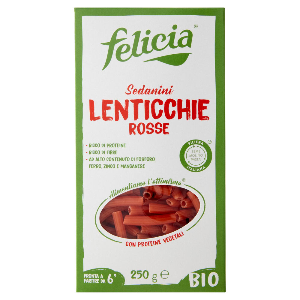 Pasta bio lenticchie rosse sedanini felicia senza glutine scatola 250g