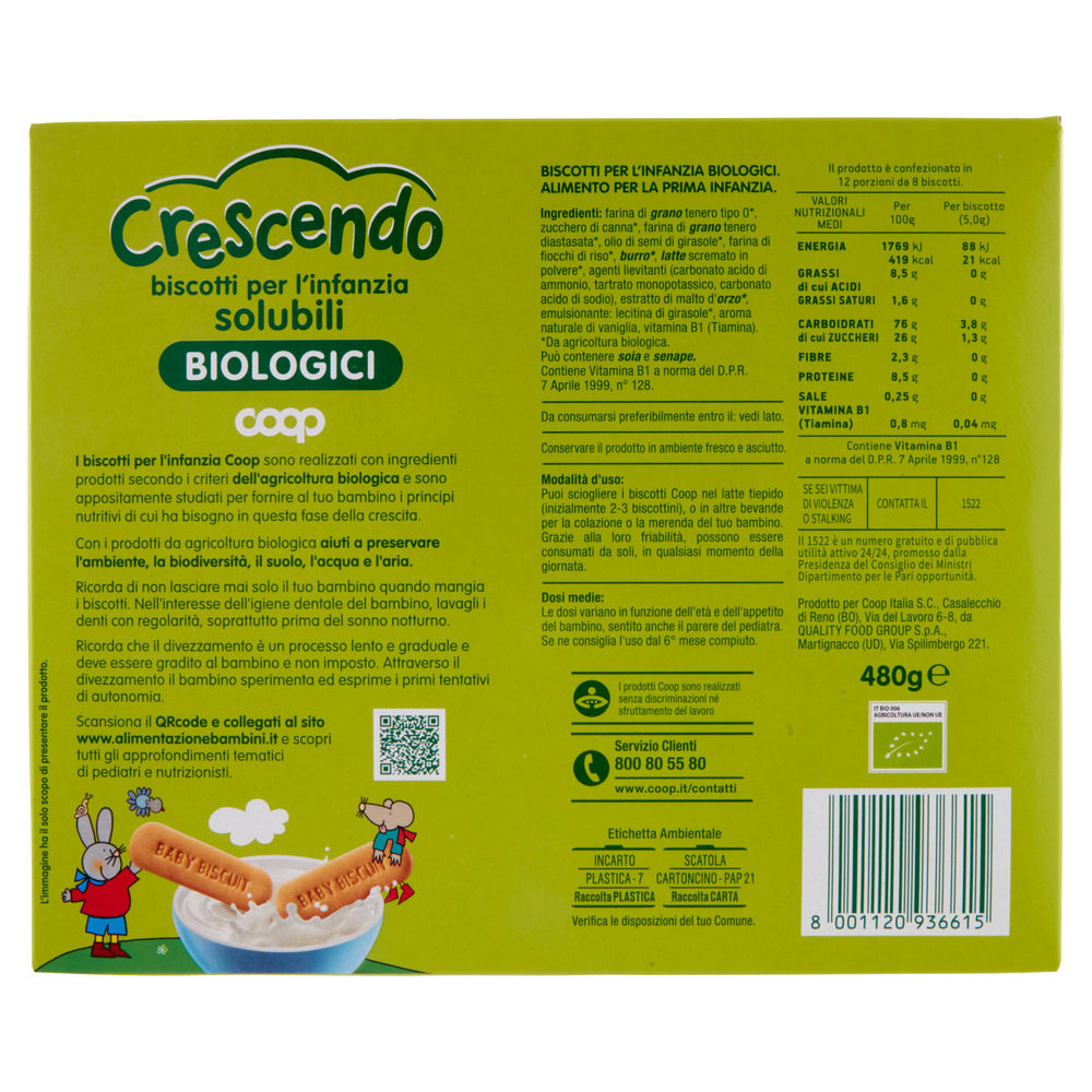 BISCOTTI INFANZIA SOLUBILI MONOPORZIONE BIO COOP CRESCENDO SCATOLA G 480 - 1