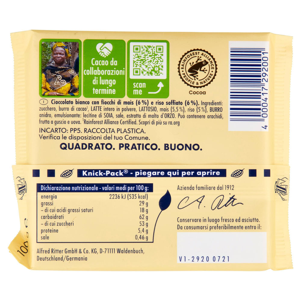 TAVOLETTA BIANCO CRISP RITTER SPORT INCARTO G 100 - 1