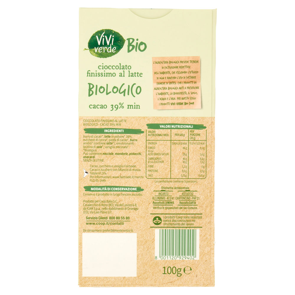 TAVOLETTA DI CIOCCOLATO FINISSIMO AL LATTE COOP VIVI VERDE BIO  G100 - 1