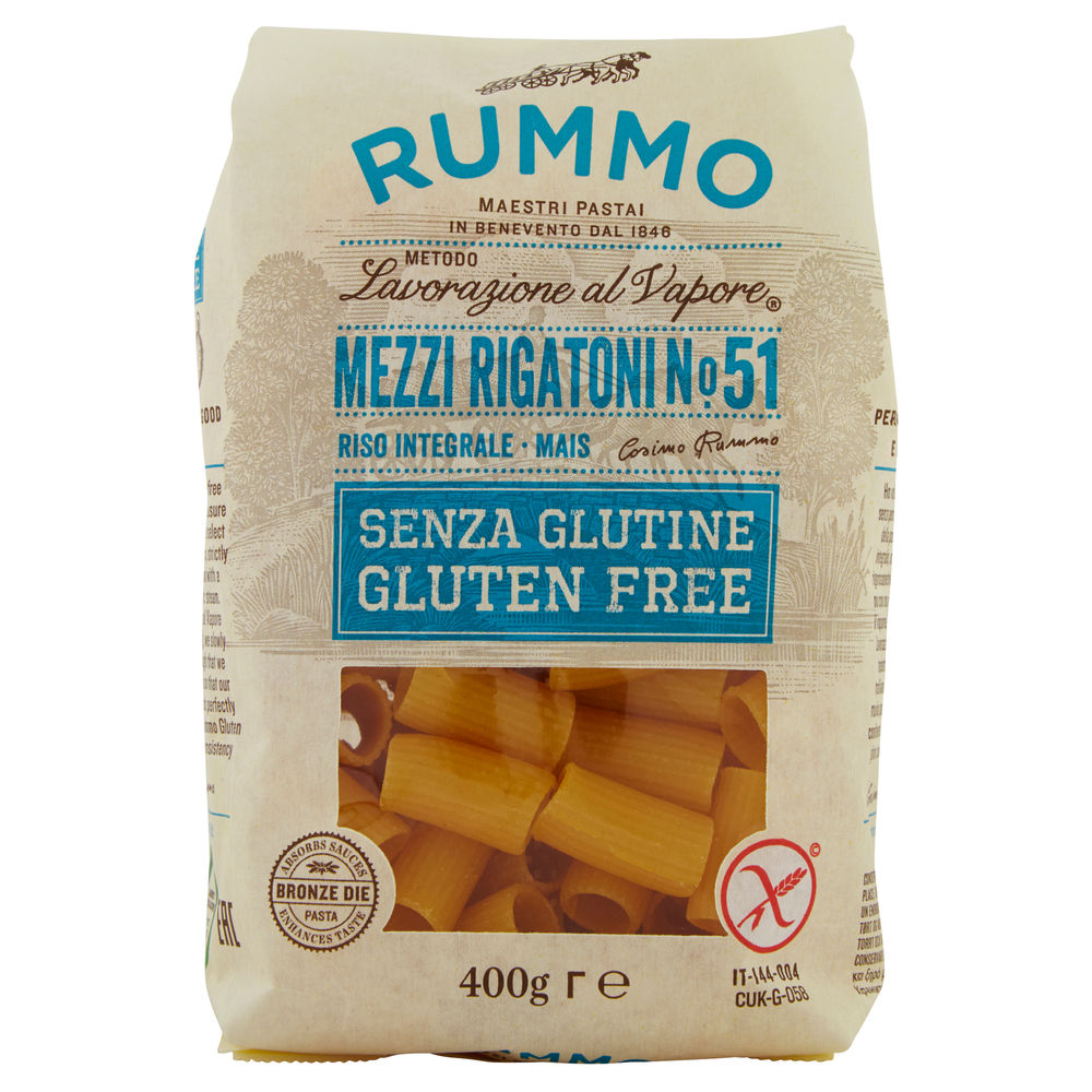 Mezzi rigatoni n.51 riso integrale e mais senza glutine  rummo g 400