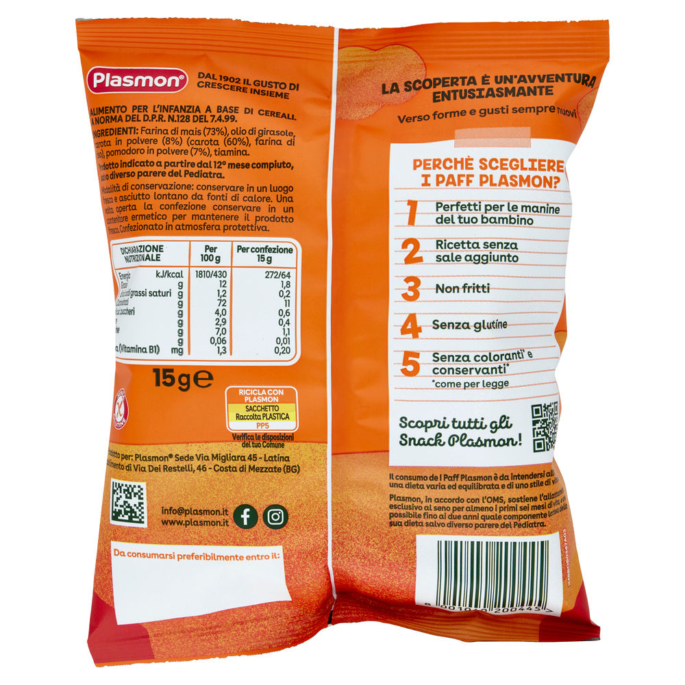 SNACK PAFF DEI BAMBINI  CAROTA E POMODORO PLASMON G 15 - 1