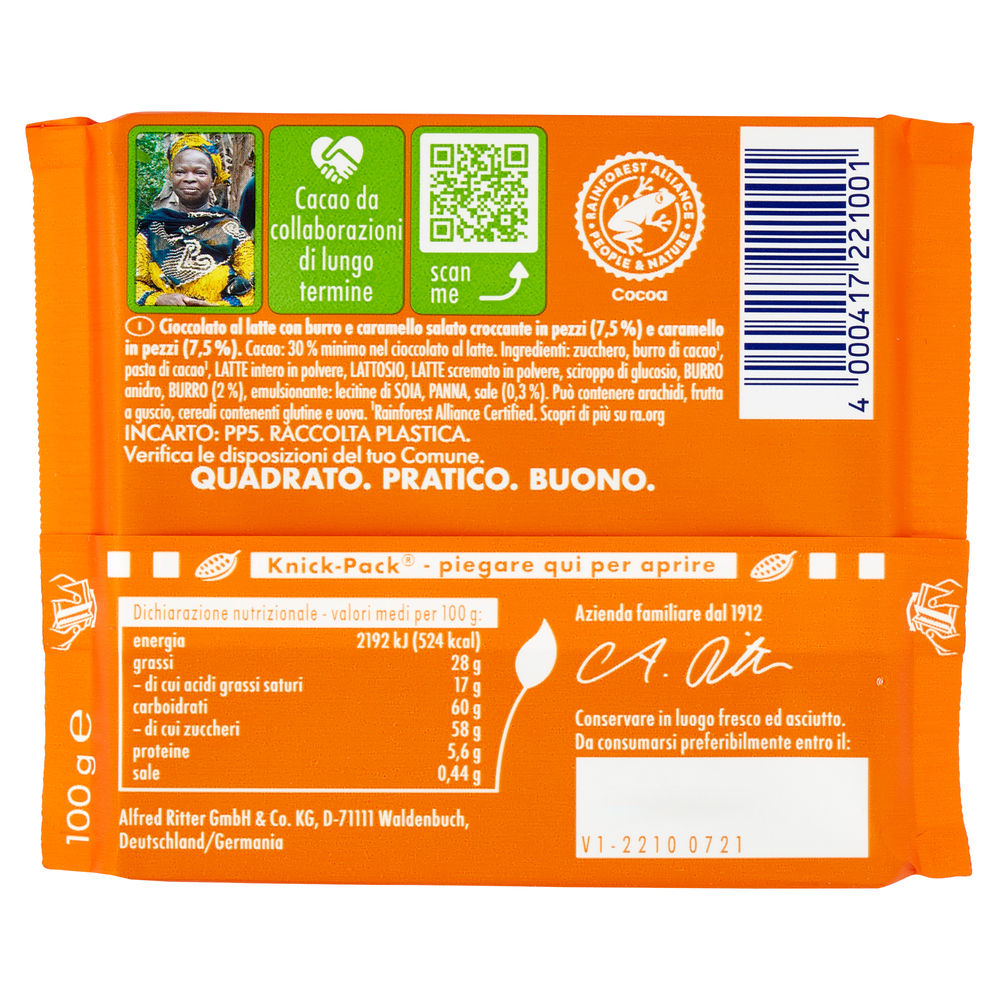 TAVOLETTA CIOCCOLATO CARAMELLO SALATO RITTER SPORT INCARTO G 100 - 1