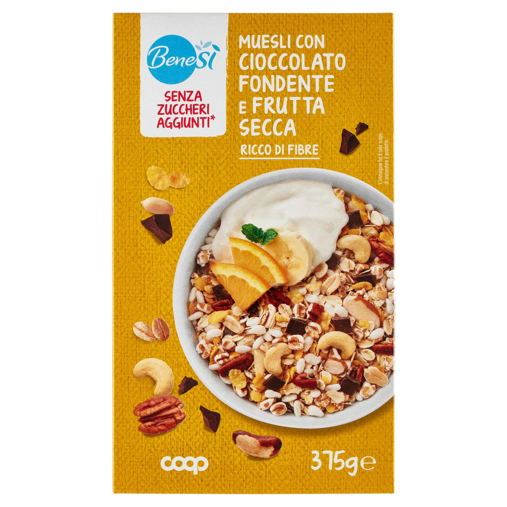 Muesli s/zuccheri agg. c/ciocc.fond. e frutta secca bene.si coop scatola g 375