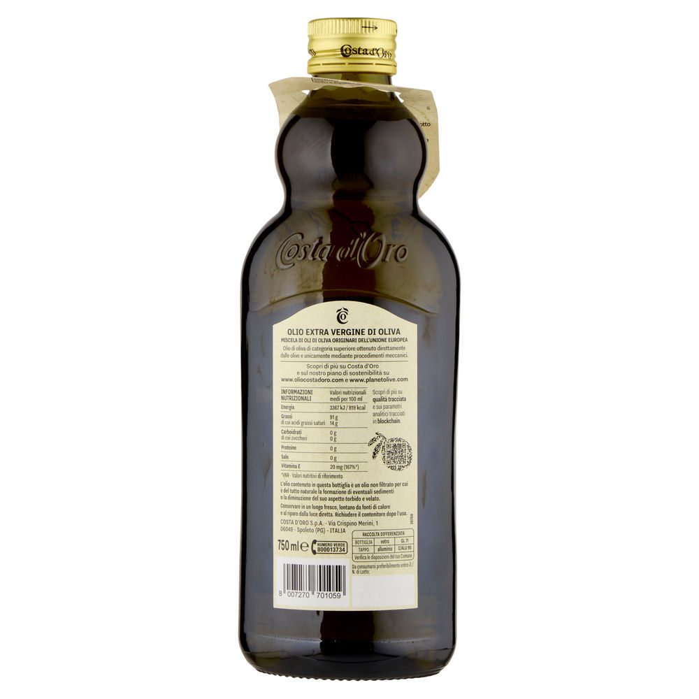 OLIO EXTRAVERGINE INTEGRALE NON FILTRATO COSTA D'ORO BOTTIGLIA ML. 750 - 1