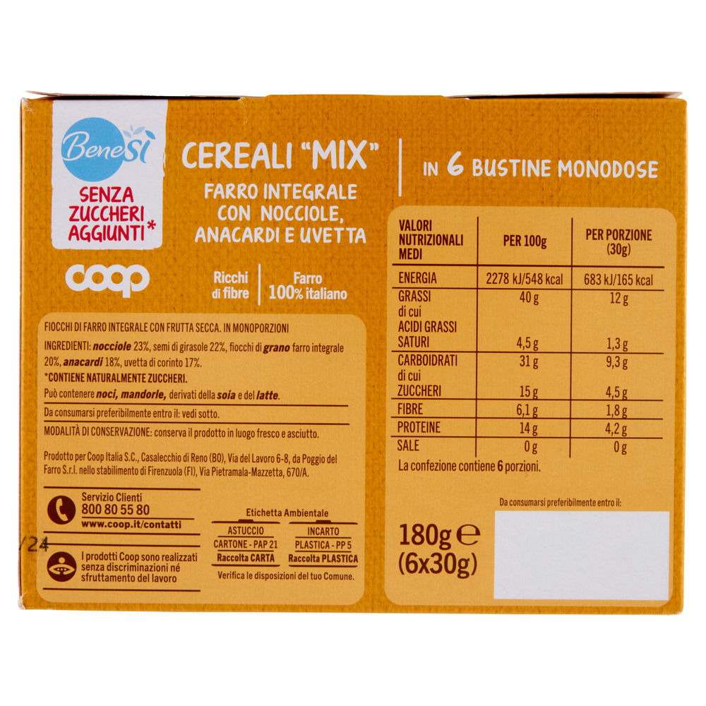 CEREALI MIX FARRO INTEGRALE, NOCCIOLE, ANACARDI E UVETTA COOP BENESÌ PZ 6 G 180 - 1