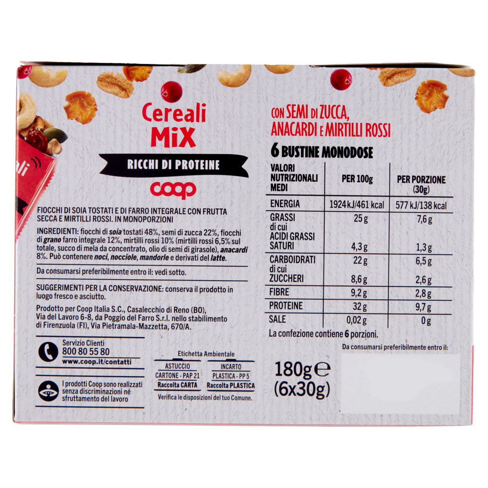 CEREALI MIX CON SEMI ZUCCA,ANACARDI E MIRTILLI ROSSI COOP PZ 6 G 180 - 1