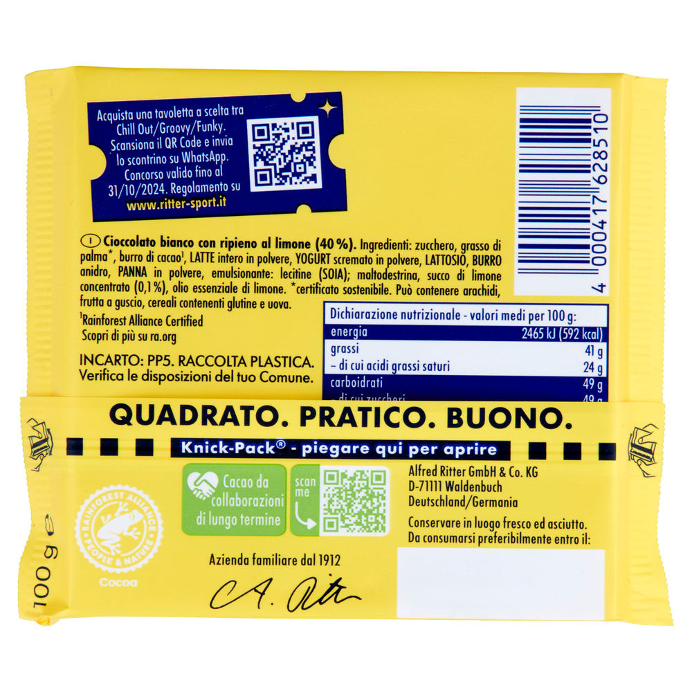 TAVOLETTA CIOCCOLATO  WHITE LEMON RITTER SPORT INCARTO G 100 - 1