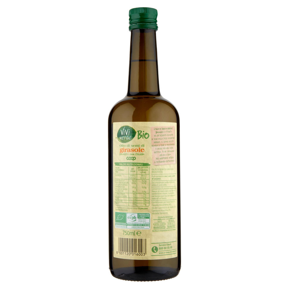 OLIO DI GIRASOLE BIO VIVIVERDE 100% ITALIANO COOP ML 750 - 1