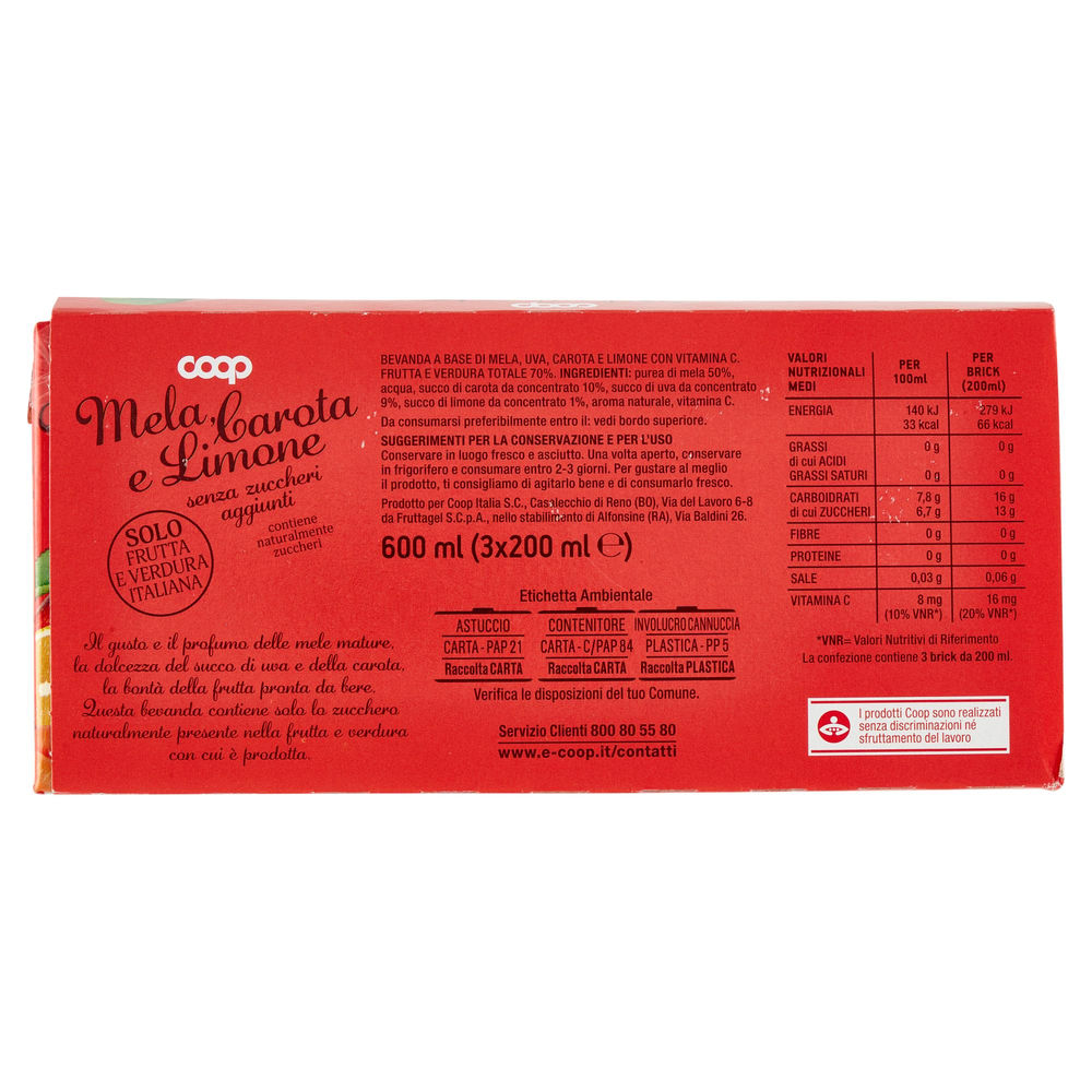 BEVANDA SENZA ZUCCHERI AGGIUNTI MELA CAROTA LIMONE COOP CLUSTER ML 200 X 3 - 1