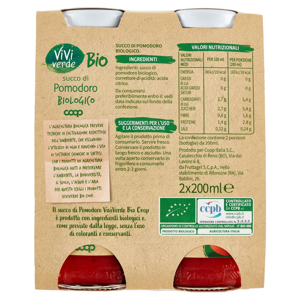 SUCCO 100% POMODORO VIVIVERDE BIO COOP CLUSTER VETRO ML 200 X 2 - 1