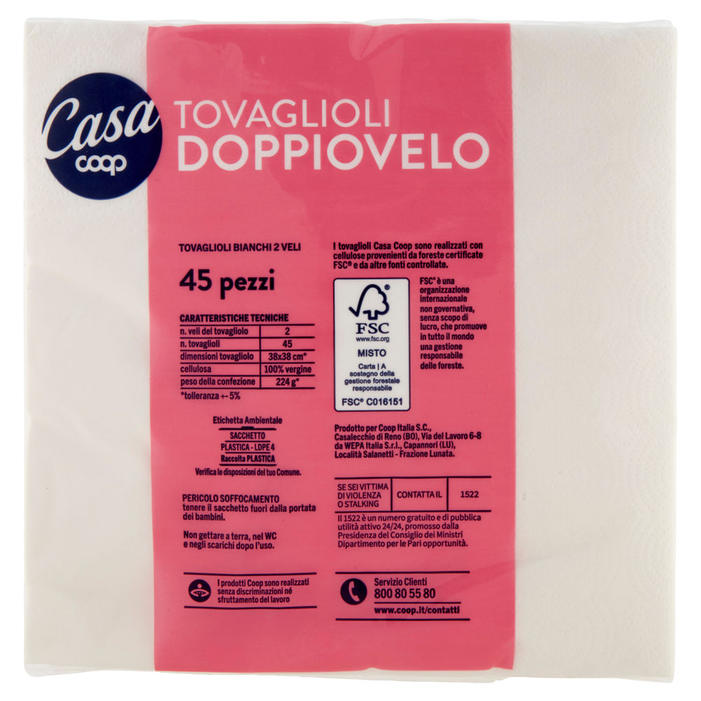 TOVAGLIOLI DOPPIOVELO COOP BIANCO 2 VELI 38X38CM FSC INCARTO PZ 45 - 1