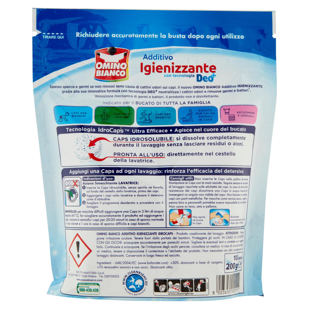 ADD. SMACCHIATORE IGIENIZZANTE OMINO BIANCO 100 PIU' IDROCAPS BUSTA PZ.10 G.200 - 1